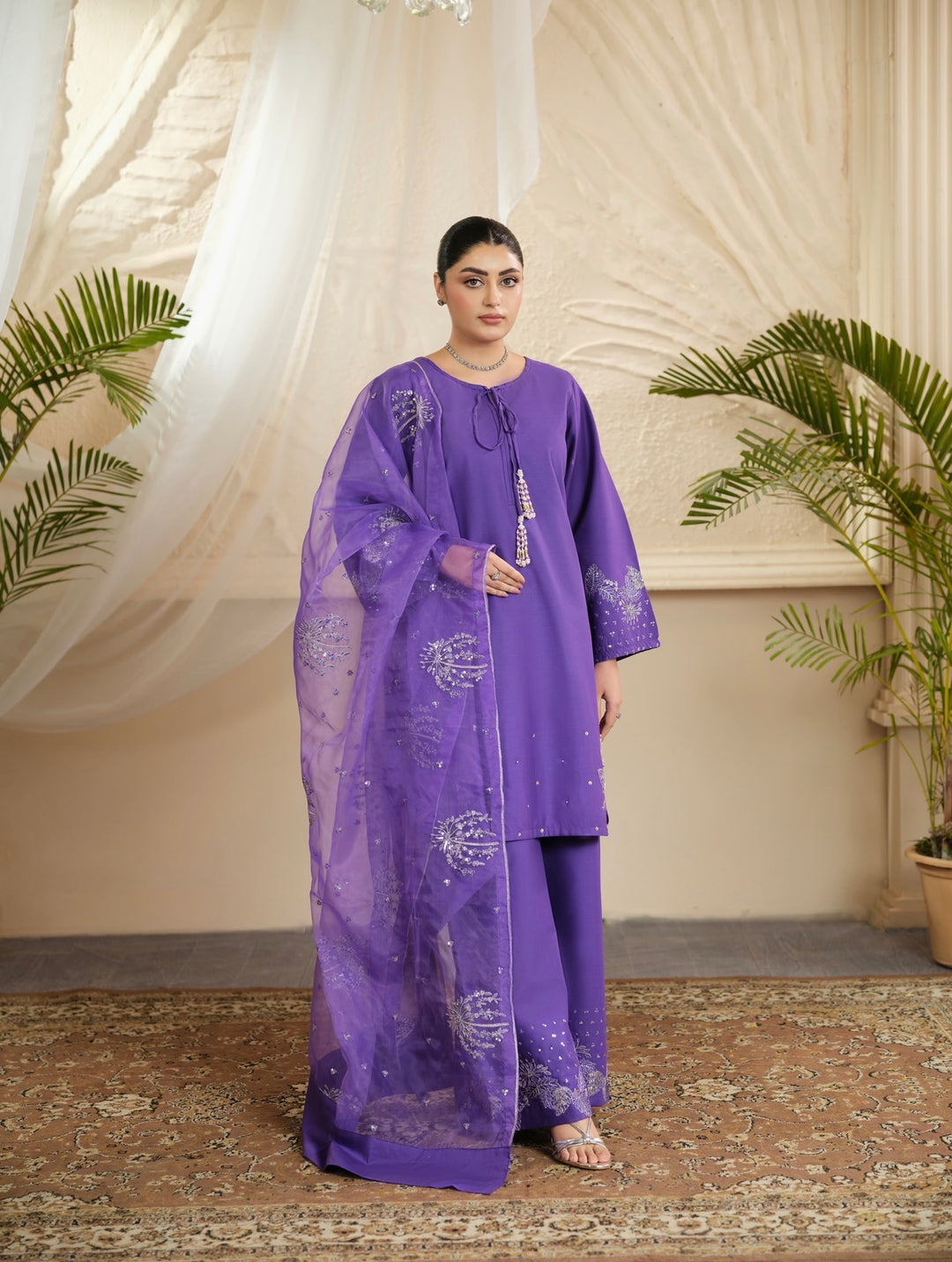 New Branded 3 PC Ready To Wear  Cambric Cotton Embroidered Suit- HE11