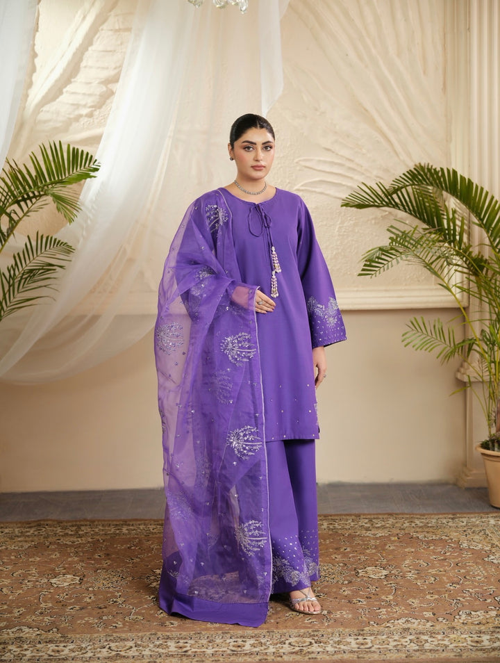 New Branded 3 PC Ready To Wear  Cambric Cotton Embroidered Suit- HE11