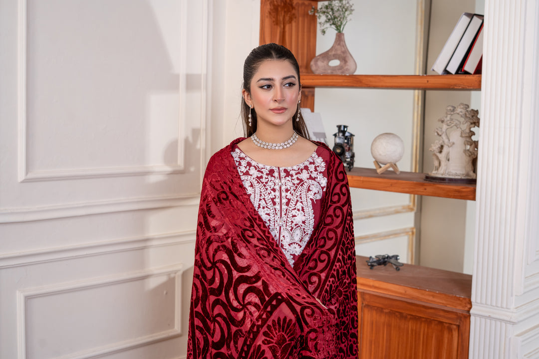 3 Pc Ready To Wear Fully Embroidered Linen Suit With Plachi Shawls - TT-24-