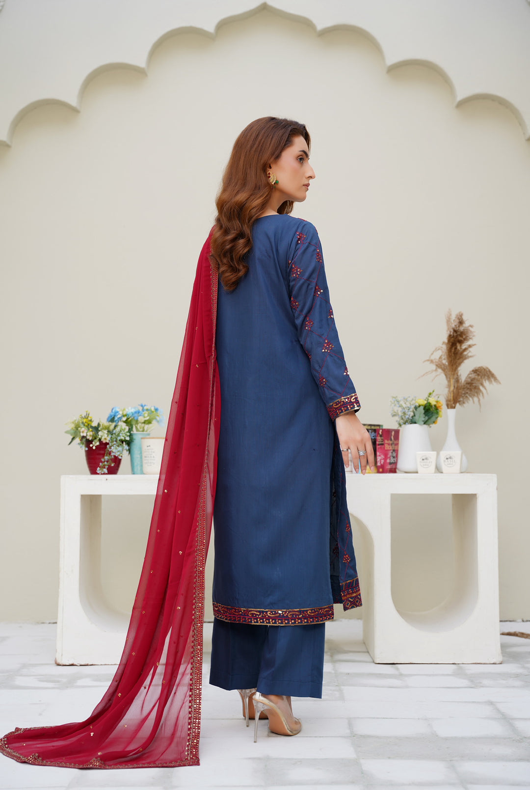 Navy Blue & Maroon 3-Piece Ready-to-Wear Winter Dhanak-Viscose Suit- MA12-
