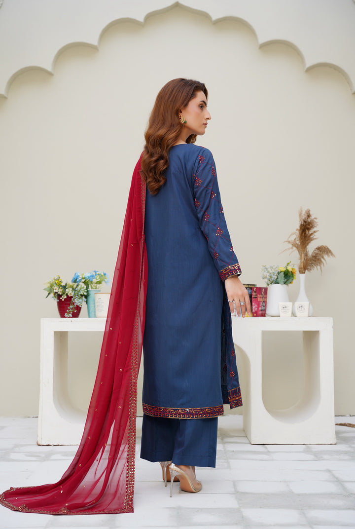 Navy Blue & Maroon 3-Piece Ready-to-Wear Winter Dhanak-Viscose Suit- MA12-