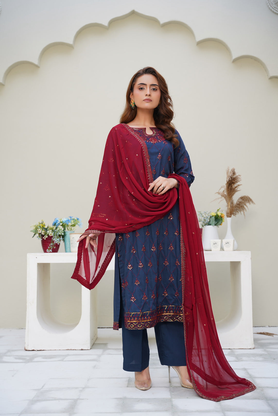 Navy Blue & Maroon 3-Piece Ready-to-Wear Winter Dhanak-Viscose Suit- MA12-
