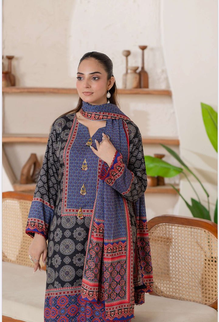 3 Piece Ready To Wear - Printed Linen Suit-- TT-105-