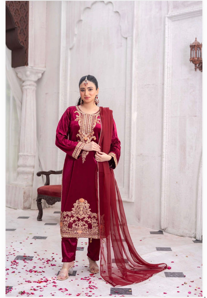 3 Pc Ready To Wear Fully Embroidered Valvet   Suit With Chiffon Duppata  - TT-55-