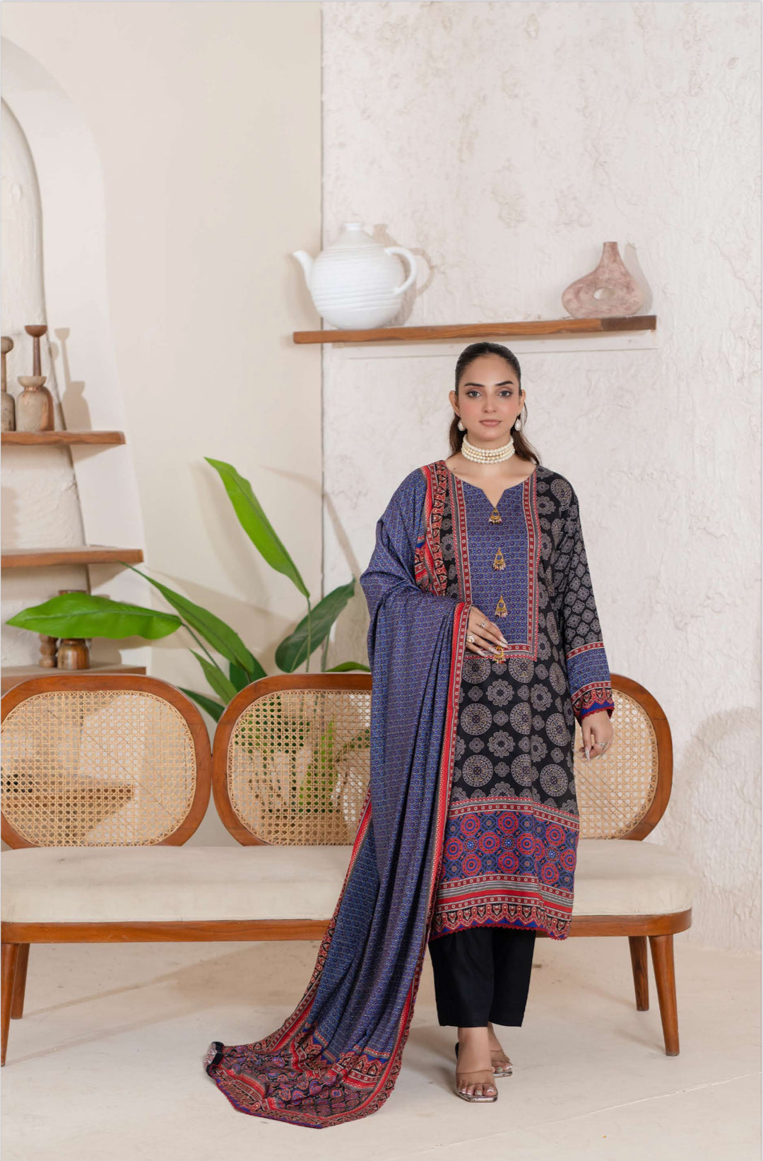 3 Piece Ready To Wear - Printed Linen Suit-- TT-105-