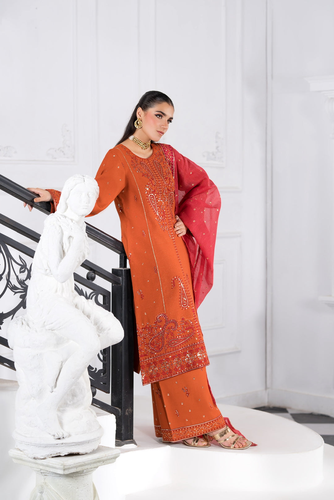 New Branded 3 PC Ready To Wear  Viscose Fully Embroidered Suit- HE148-