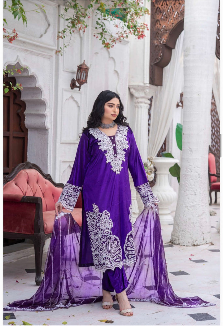 3 Pc Ready To Wear Fully Embroidered Valvet   Suit With Chiffon Duppata  - TT-03-