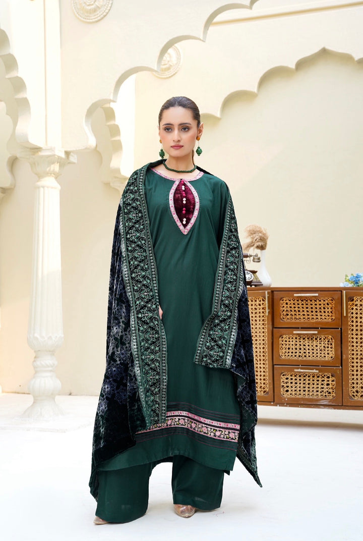 New 3 PC Ready To Wear Dhanak  Embroidered Suit With Valvet Shawl - -AN-12-