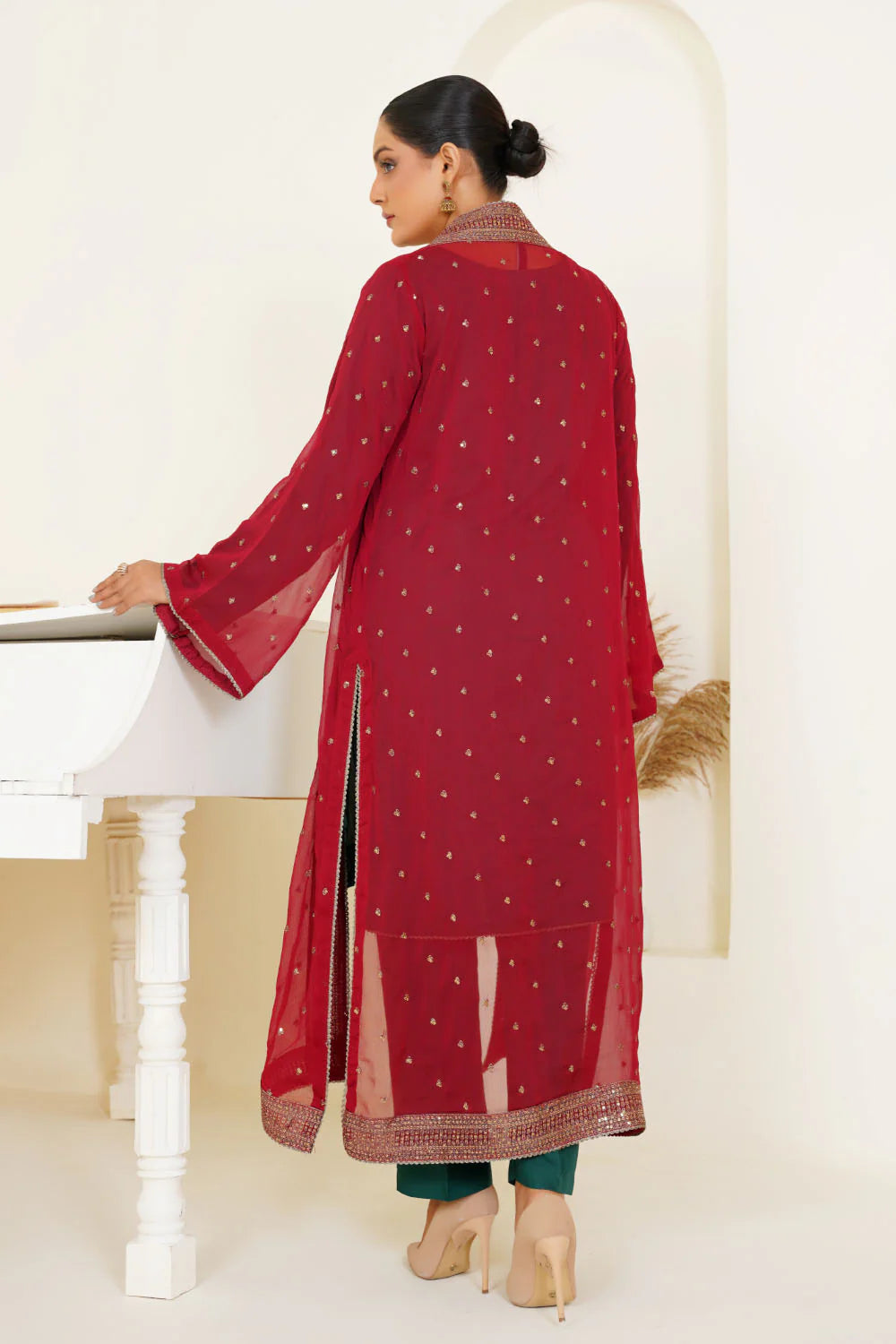 3 Piece heavily seqiun embroidered viscose Suit With Chiffon Gown -MA11