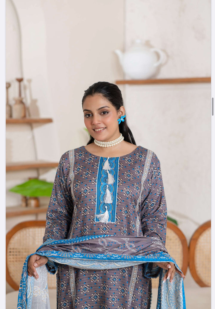 3 Piece Ready To Wear - Printed Linen Suit-- TT-102