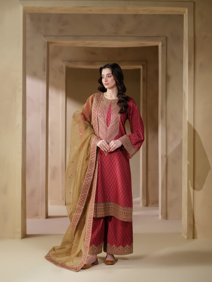3 Pc Ready To Wear Embroidered Raw Silk Suit -HE27-