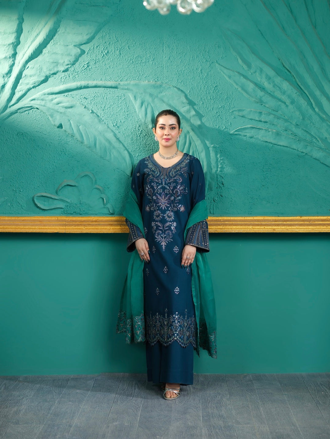 New Branded 3 PC Ready To Wear  Cambric Cotton Embroidered Suit- HE12