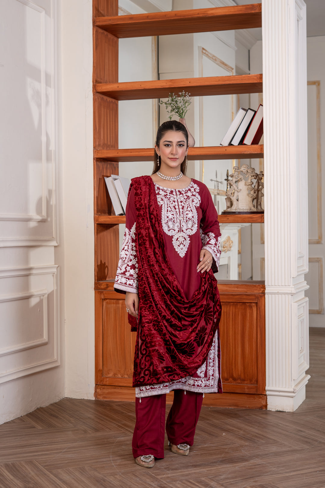 3 Pc Ready To Wear Fully Embroidered Linen Suit With Plachi Shawls - TT-24-
