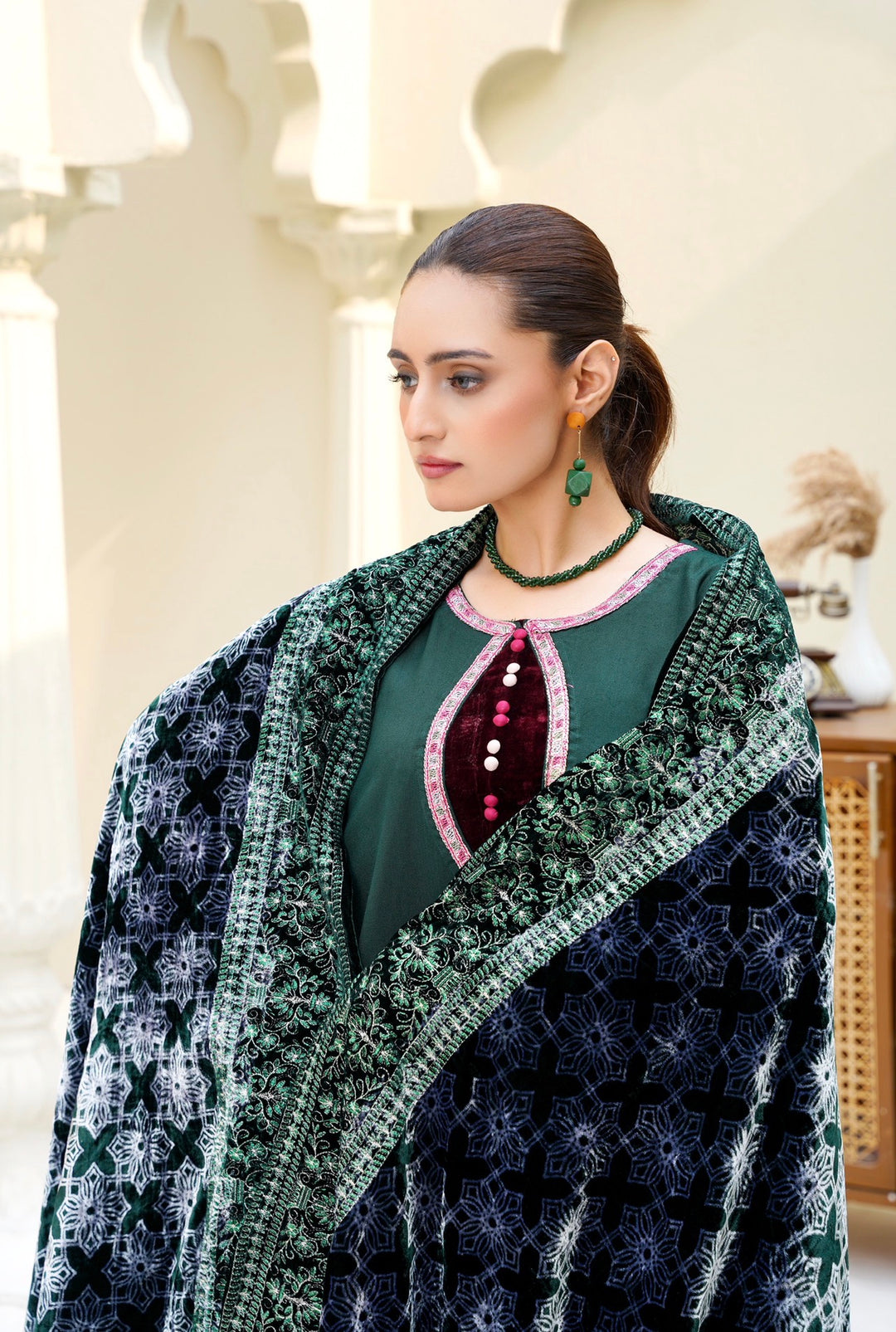 New 3 PC Ready To Wear Dhanak  Embroidered Suit With Valvet Shawl - -AN-12-