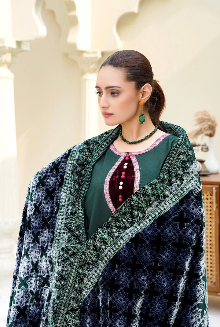 New 3 PC Ready To Wear Dhanak  Embroidered Suit With Valvet Shawl - -AN-12-