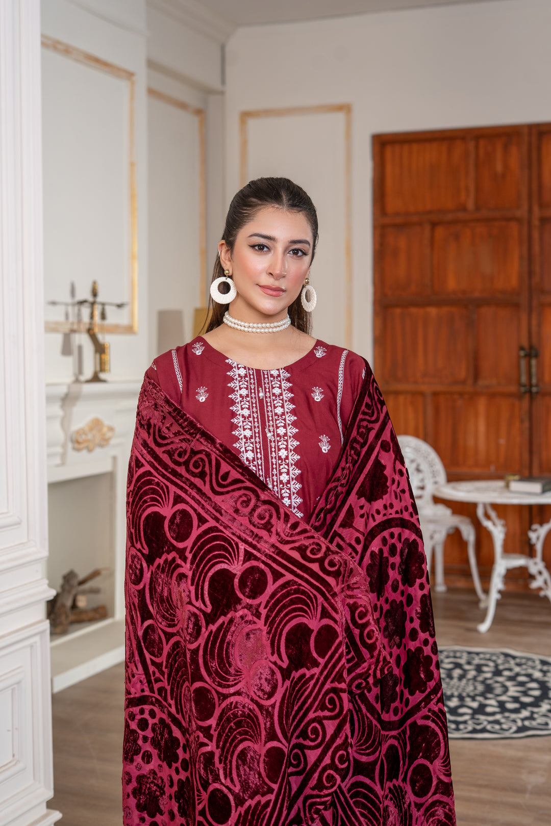 3 Piece Ready To Wear Embroidered Linen Suit With Plachi  Shawl -TT-13-