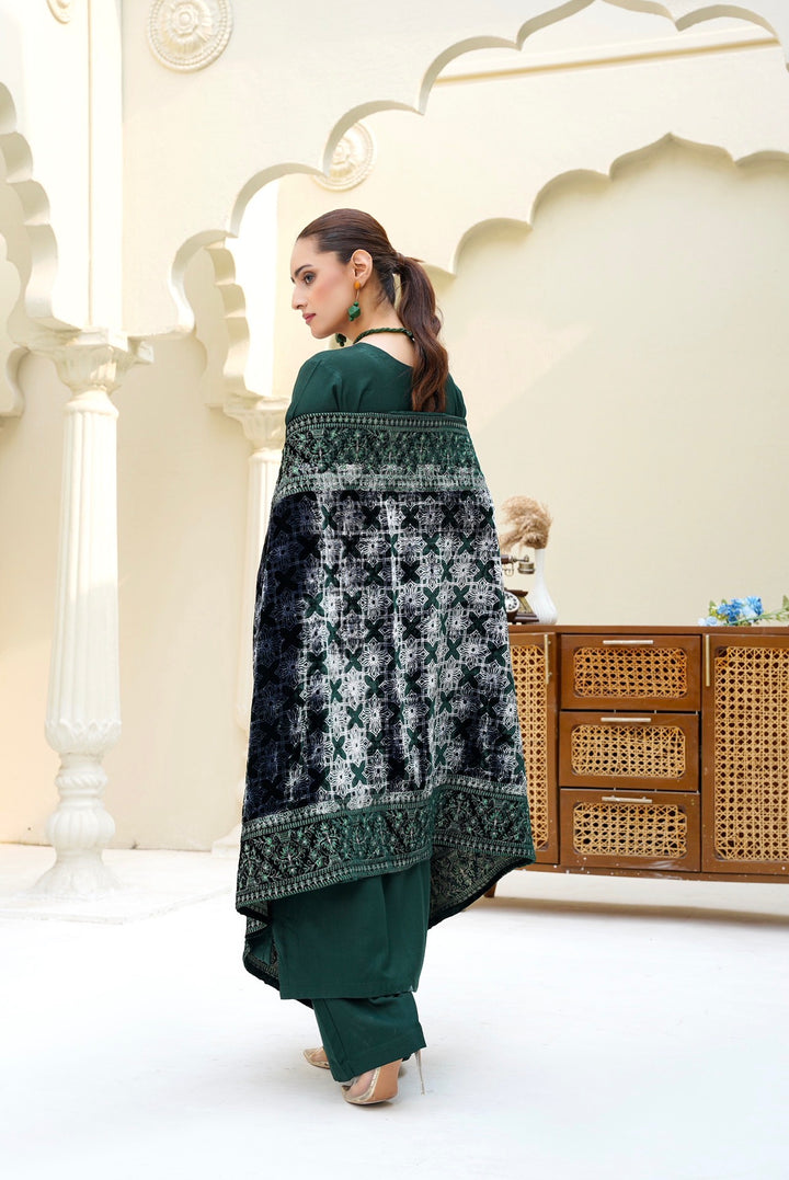 New 3 PC Ready To Wear Dhanak  Embroidered Suit With Valvet Shawl - -AN-12-