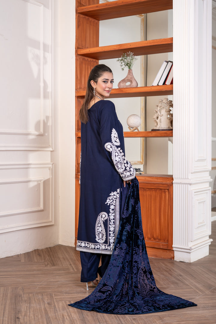 3 Piece Ready To Wear Linen Embroidered Suits With Valvet Shawl -TT-31-