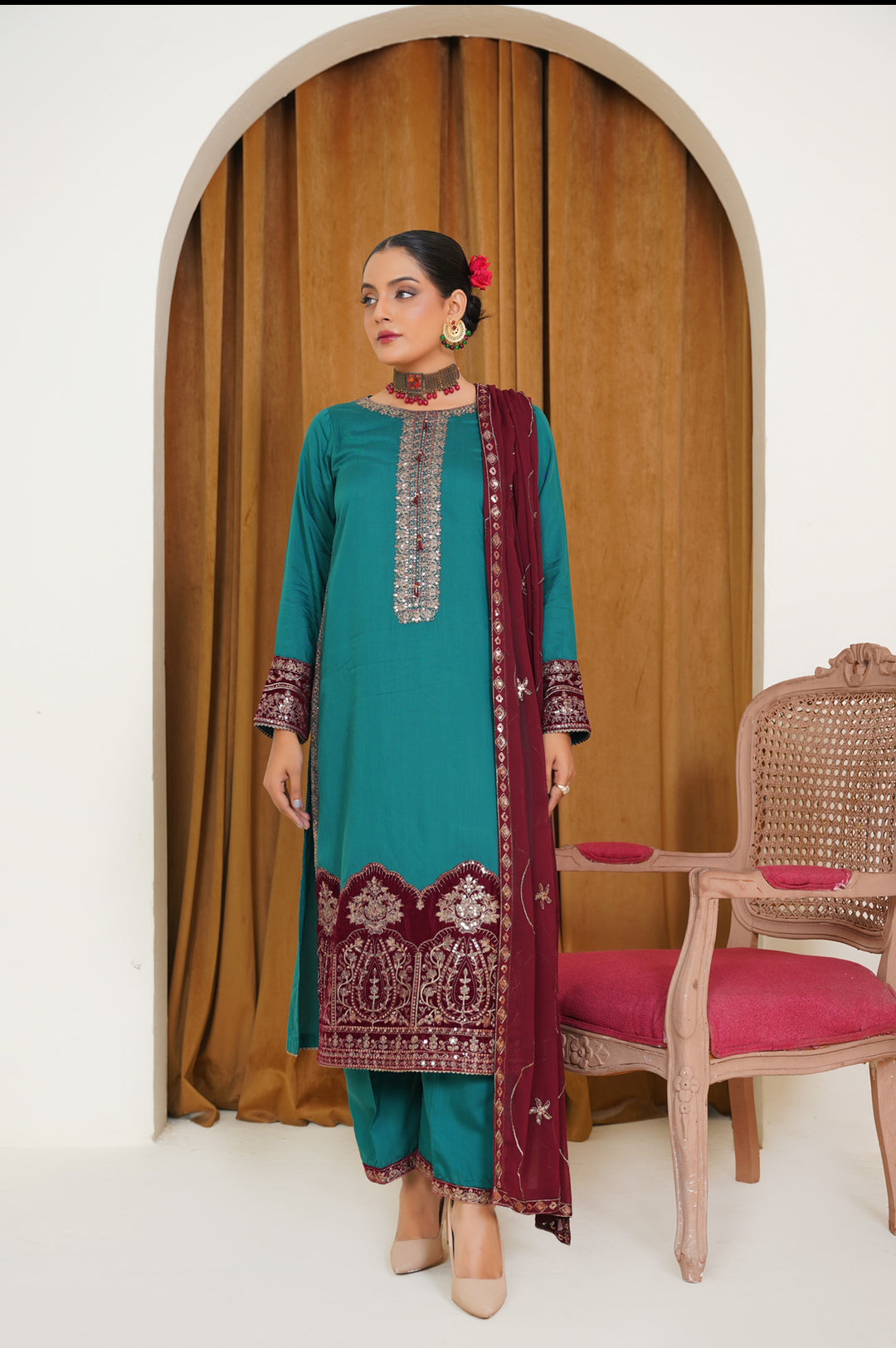 Teal & Maroon 3-Piece Ready-to-Wear Dhanak Suit with Velvet Detailing- MA13-