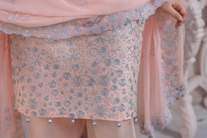 New Festive Luxury Soft Peach Blush Silver Detailed Suit | Festive 2026 Collection- RA175