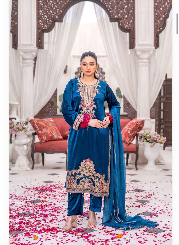 3 Pc Ready To Wear Fully Embroidered  Valvet Suit With Chiffon Dupatta - TT-52
