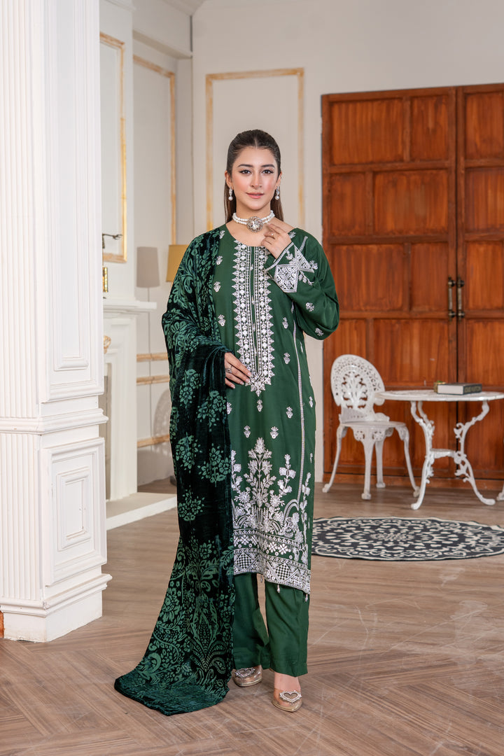 3 Piece Ready To Wear Embroidered Linen Suit With Plachi  Shawl -TT-12-
