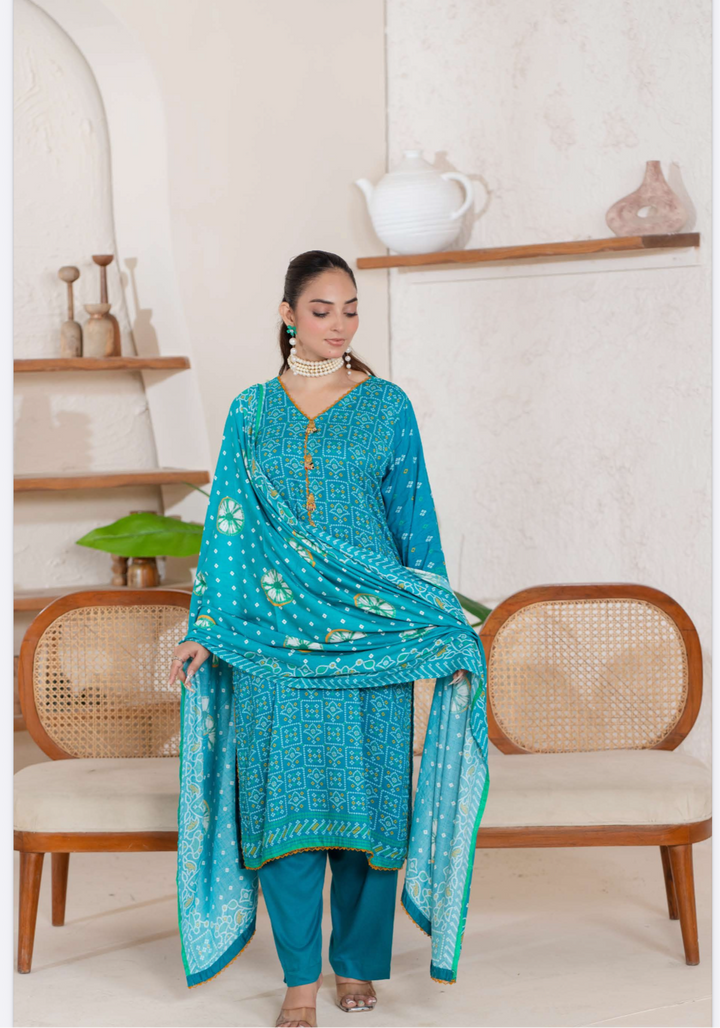 3 Piece Ready To Wear - Printed Linen Suit-- TT-101