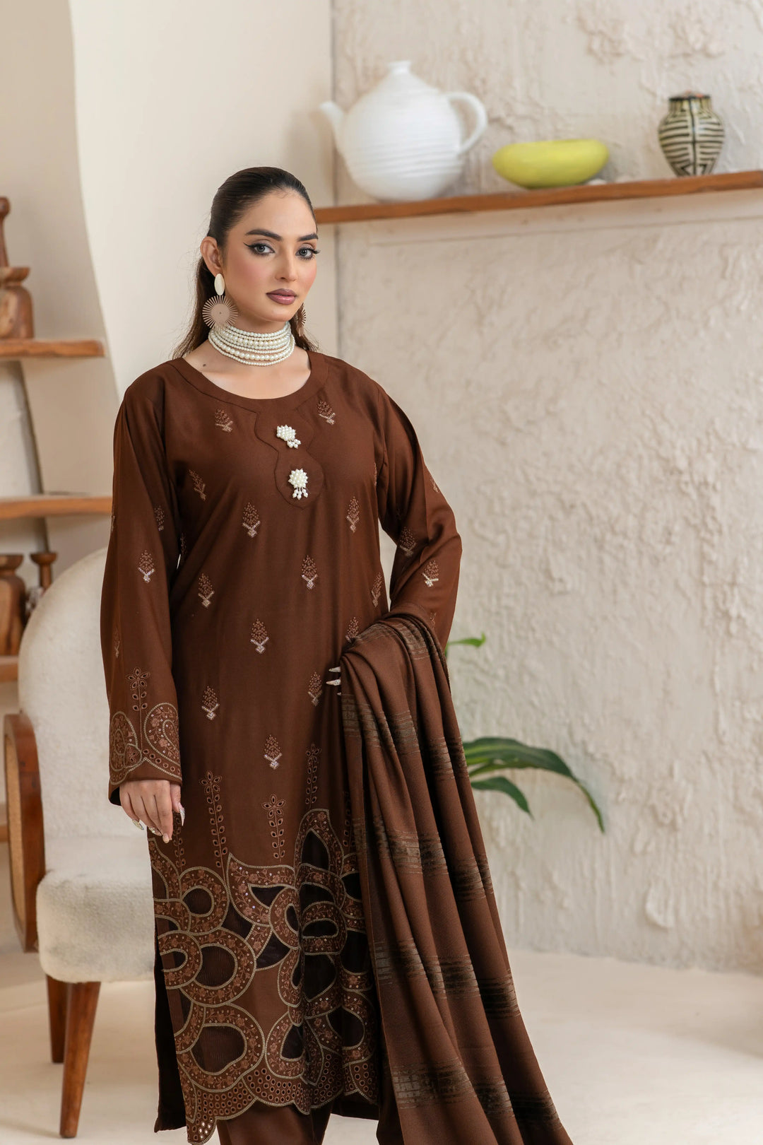 3 Piece Ready To Wear Dhanak Embroidered Suit -TT-101-