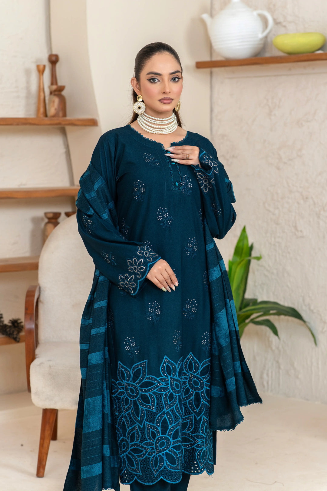 3 Piece Ready To Wear Dhanak Embroidered Suit -TT-104-