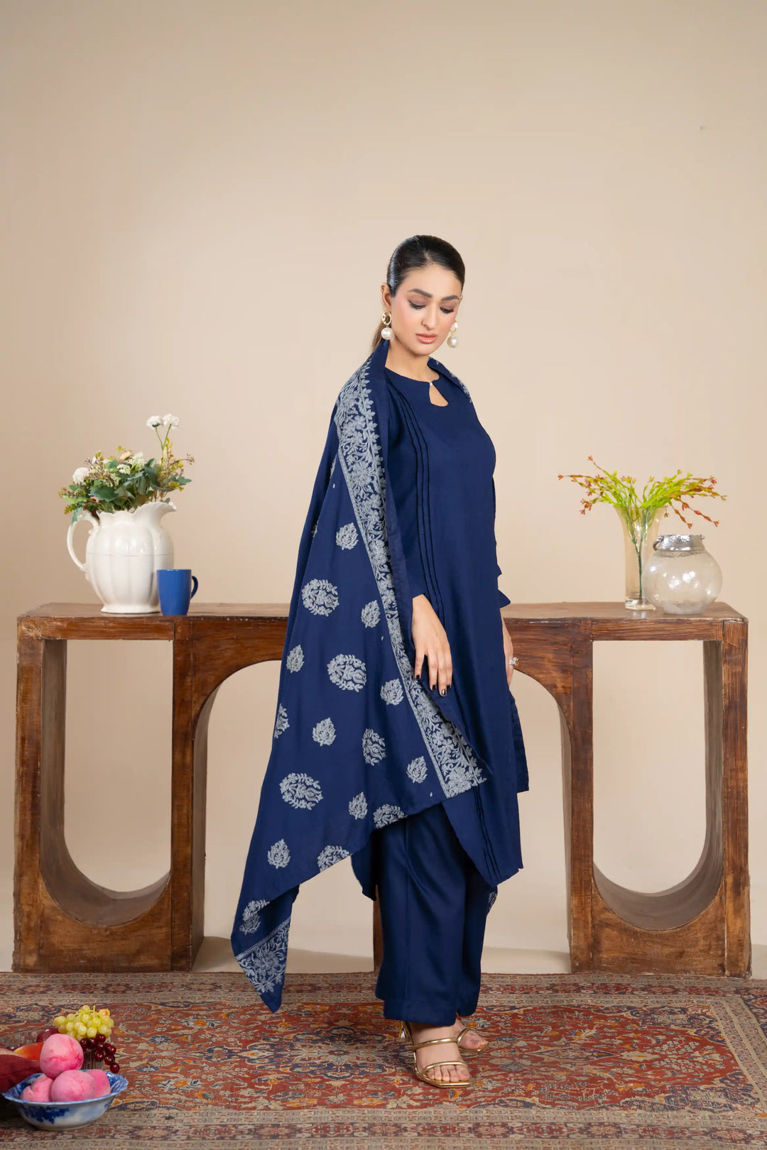 New 3 Piece Ready To Wear -Dhanak With Embroidered Shawl -RA-117-