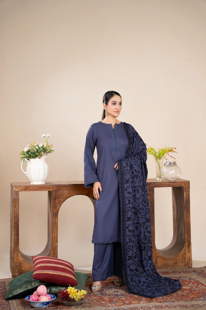 New 3 Piece Ready To Wear -Dhanak With Embroidered Shawl -RA-116-