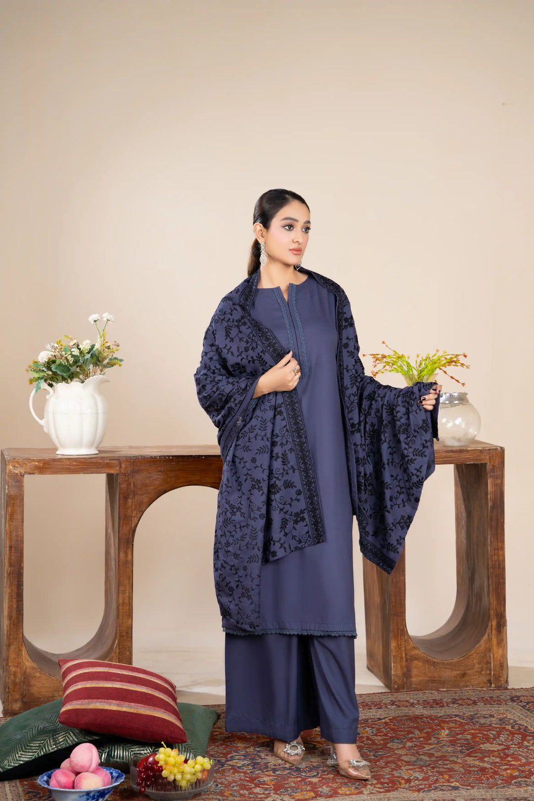 New 3 Piece Ready To Wear -Dhanak With Embroidered Shawl -RA-116-