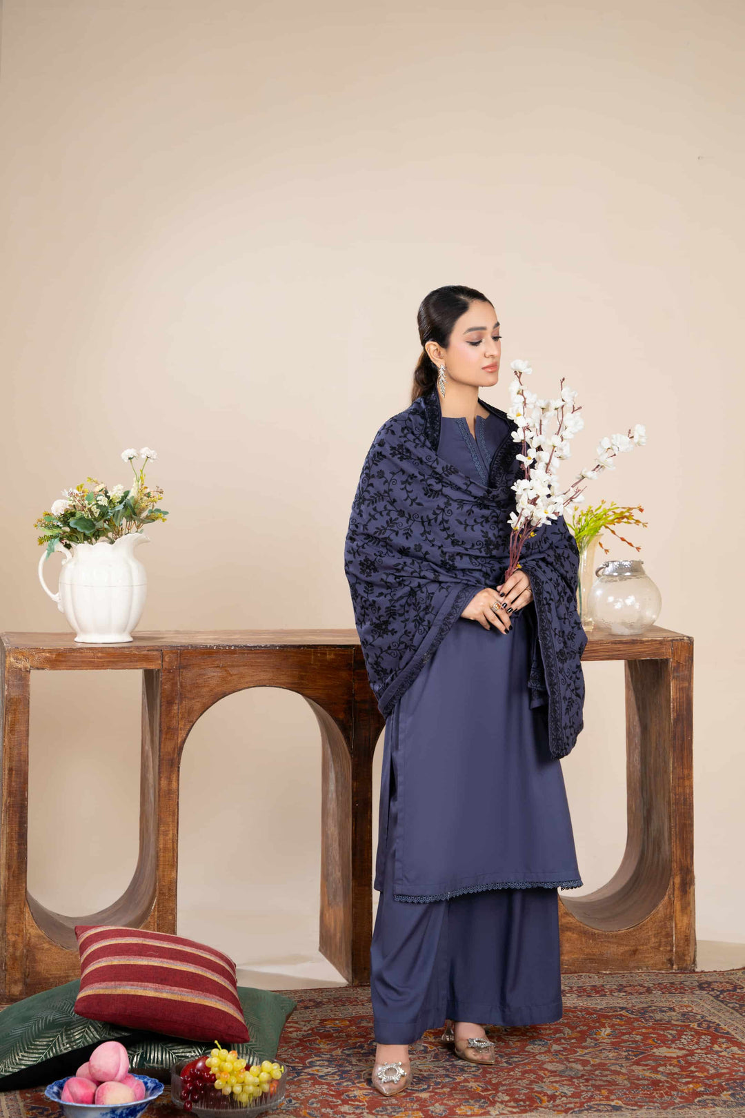 New 3 Piece Ready To Wear -Dhanak With Embroidered Shawl -RA-116-