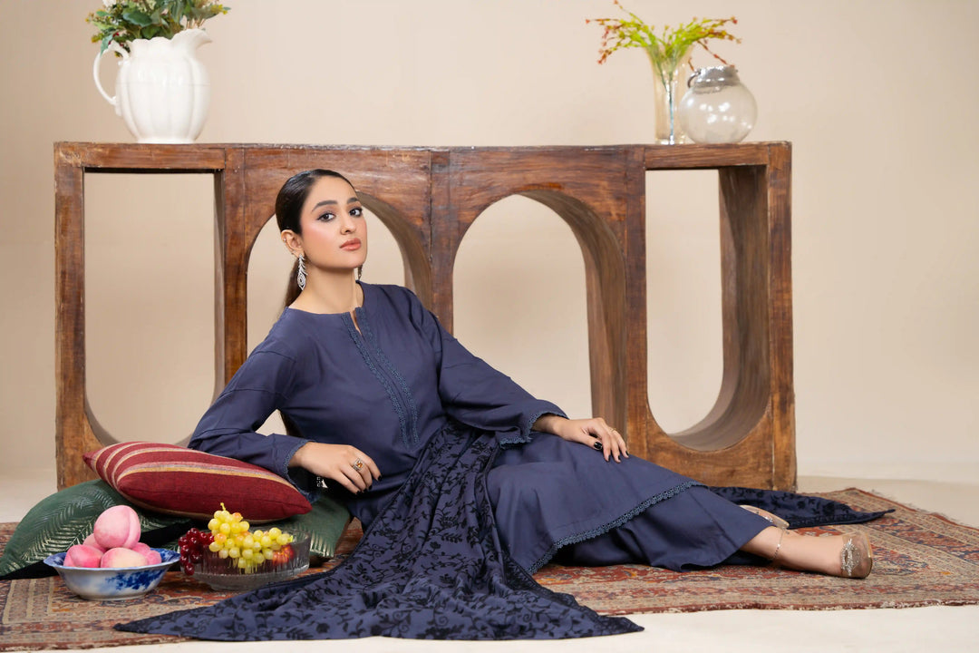 New 3 Piece Ready To Wear -Dhanak With Embroidered Shawl -RA-116-