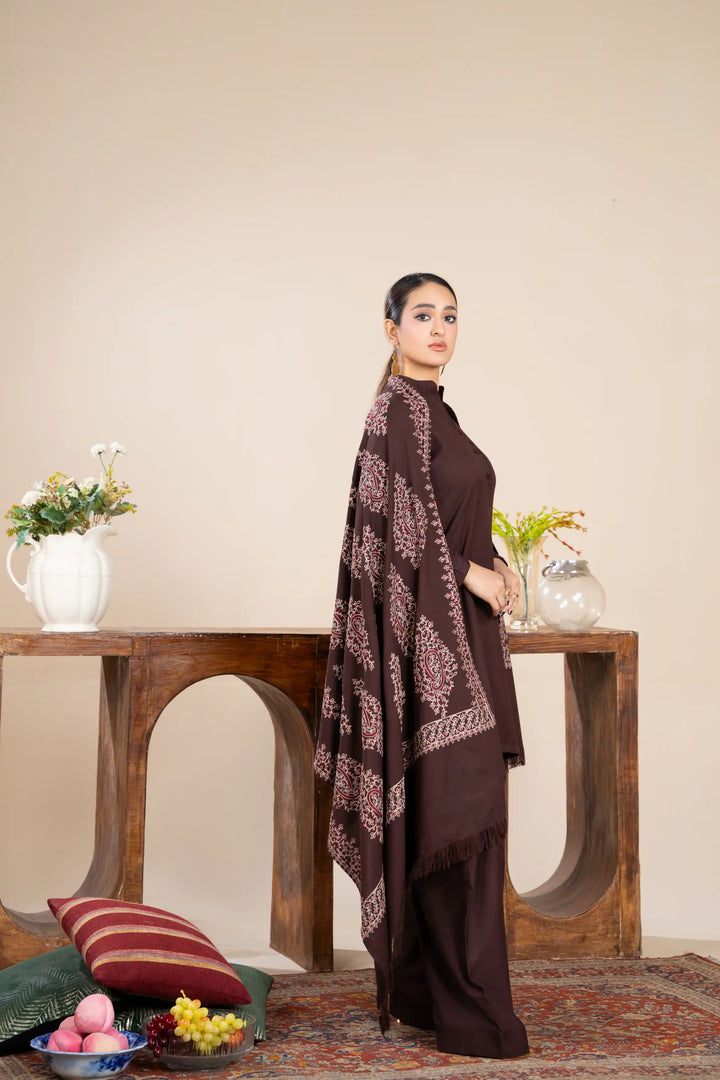 New 3 Piece Ready To Wear -Dhanak With Embroidered Shawl -RA-115-