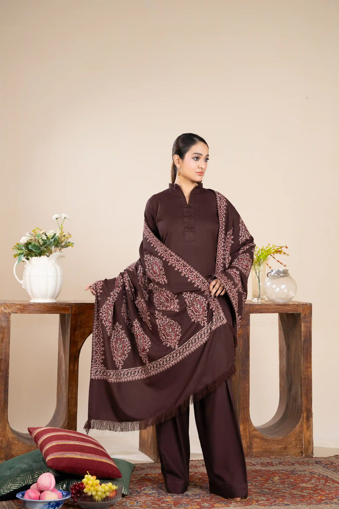 New 3 Piece Ready To Wear -Dhanak With Embroidered Shawl -RA-115-