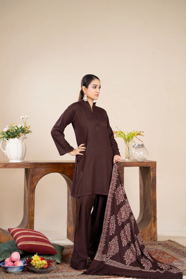 New 3 Piece Ready To Wear -Dhanak With Embroidered Shawl -RA-115-