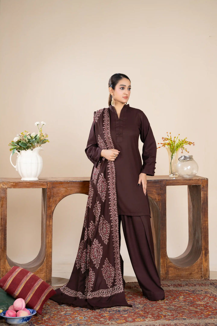 New 3 Piece Ready To Wear -Dhanak With Embroidered Shawl -RA-115-