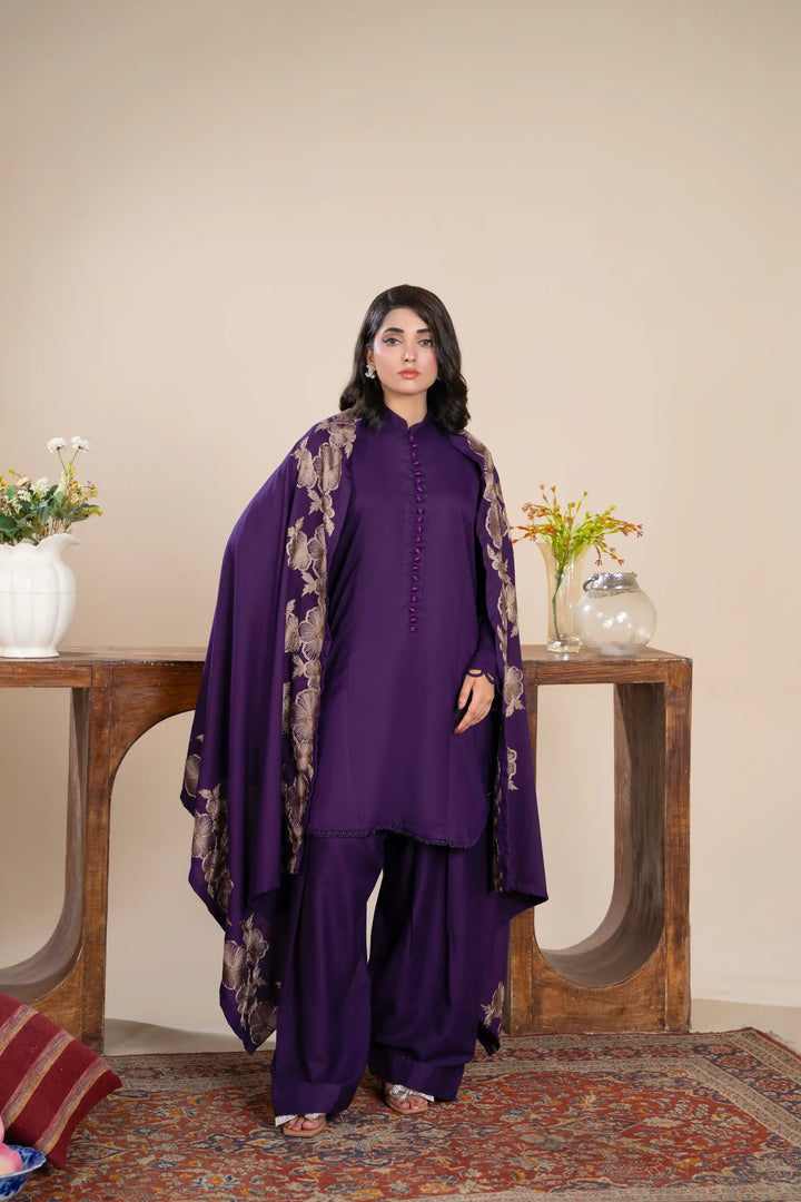 New 3 Piece Ready To Wear -Dhanak With Embroidered Shawl -RA-114-