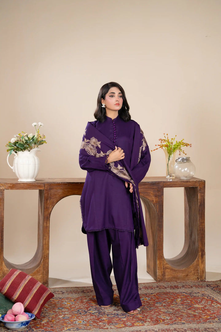 New 3 Piece Ready To Wear -Dhanak With Embroidered Shawl -RA-114-