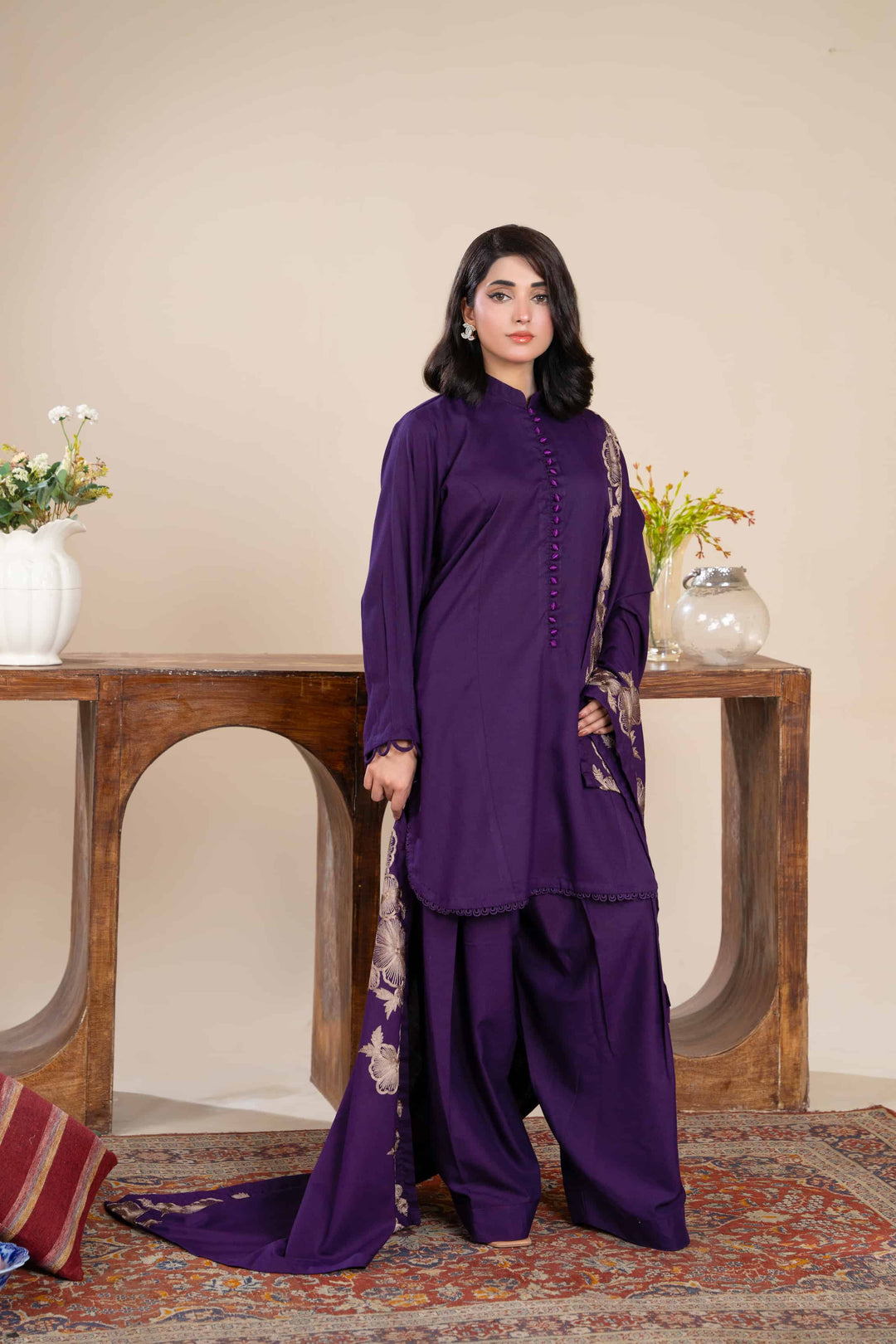 New 3 Piece Ready To Wear -Dhanak With Embroidered Shawl -RA-114-