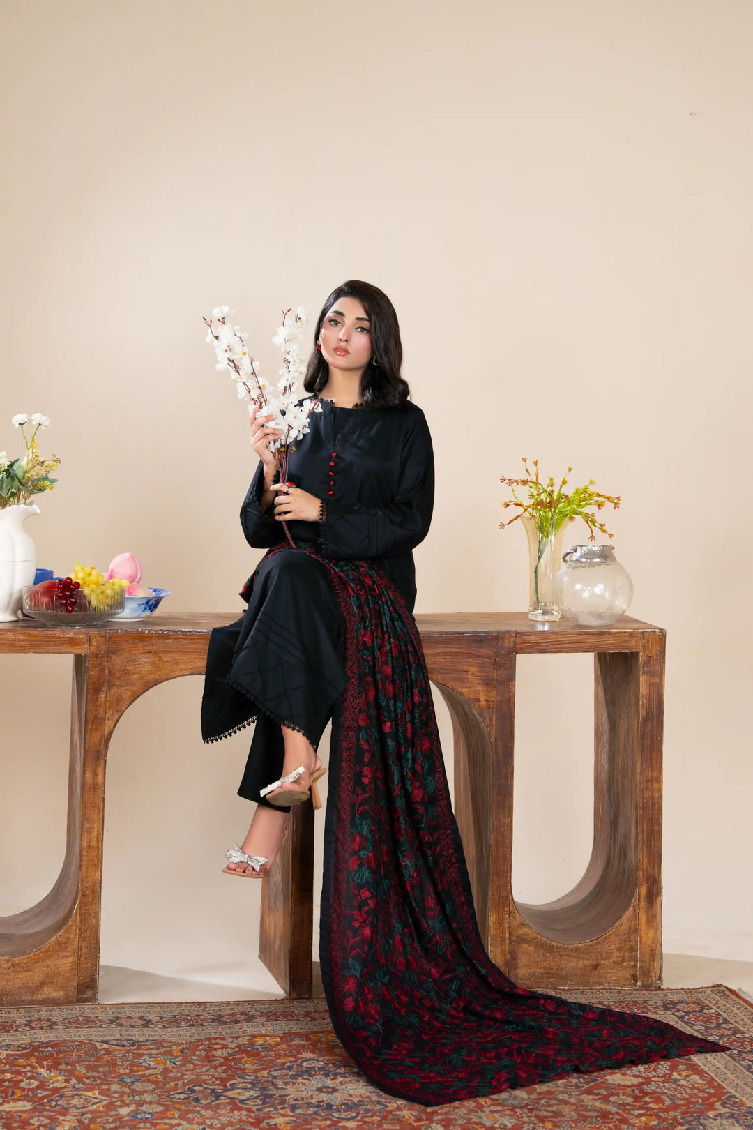 New 3 Piece Ready To Wear -Dhanak With Embroidered Shawl -RA-111-