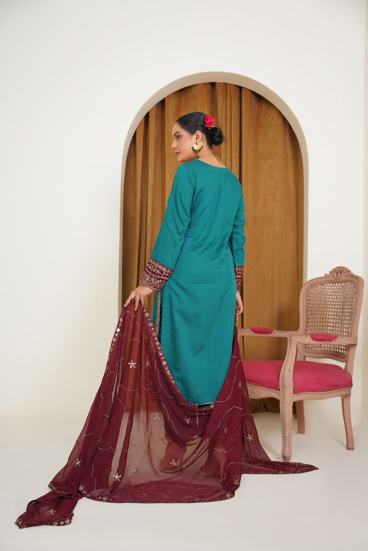 Teal & Maroon 3-Piece Ready-to-Wear Dhanak Suit with Velvet Detailing- MA13-