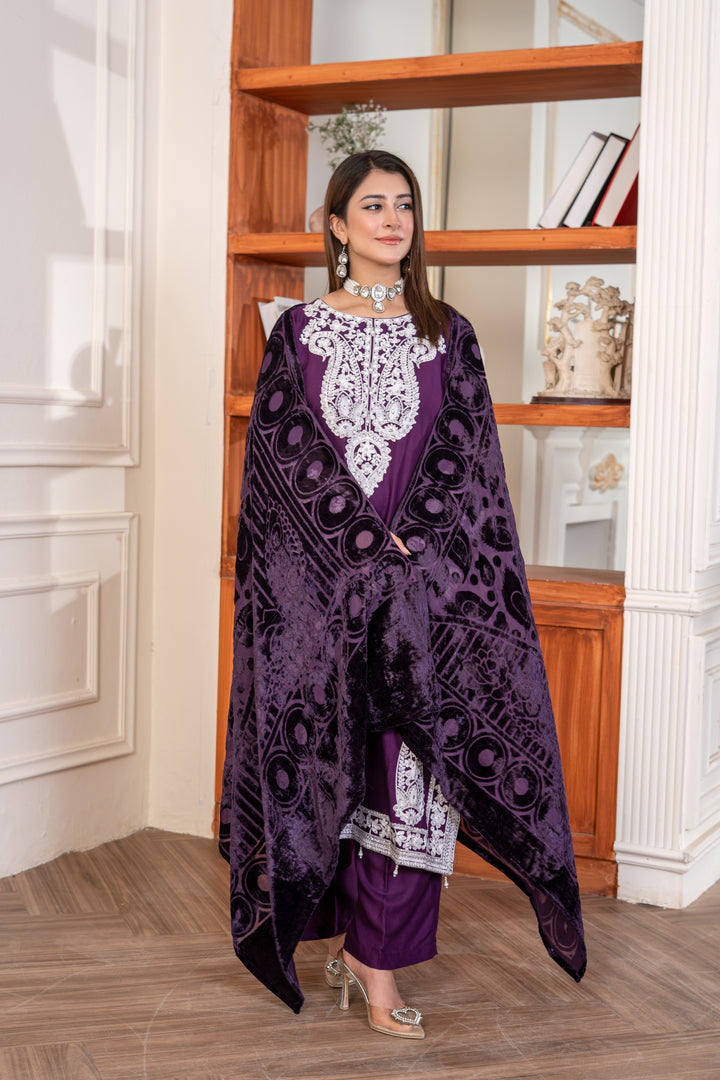 3 Pc Ready To Wear Fully Embroidered Linen Suit With Plachi Shawls - TT-22-