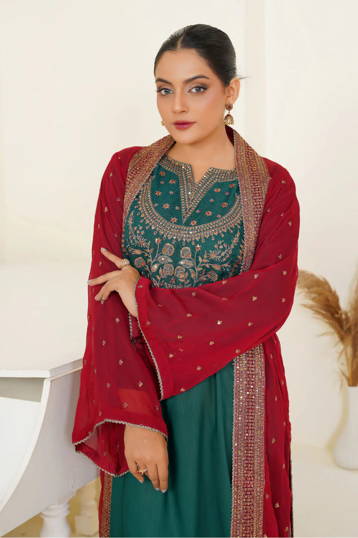3 Piece heavily seqiun embroidered viscose Suit With Chiffon Gown -MA11
