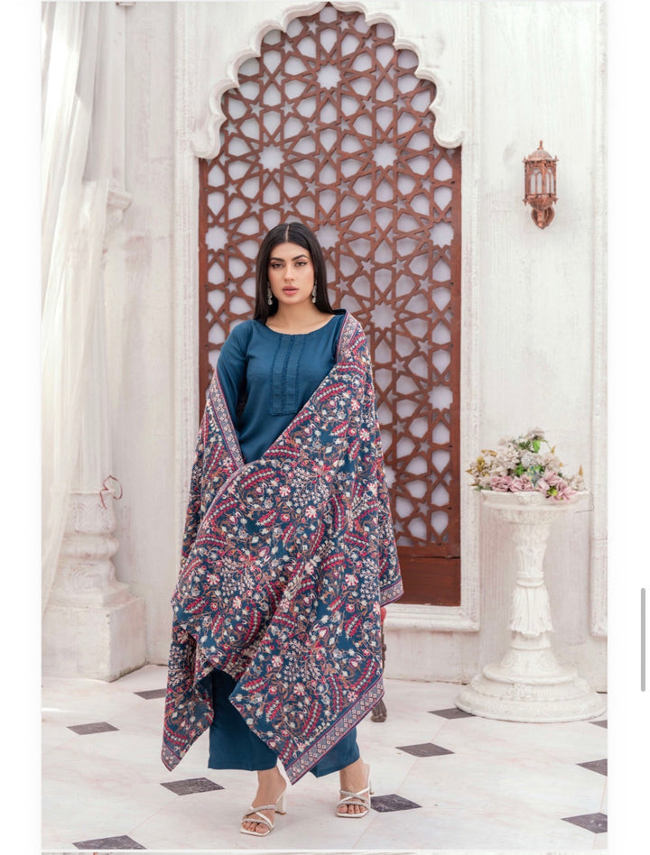 3 Pc Ready To Wear Dhanak  Suit With Full Embroidered Shawl - TT-42-