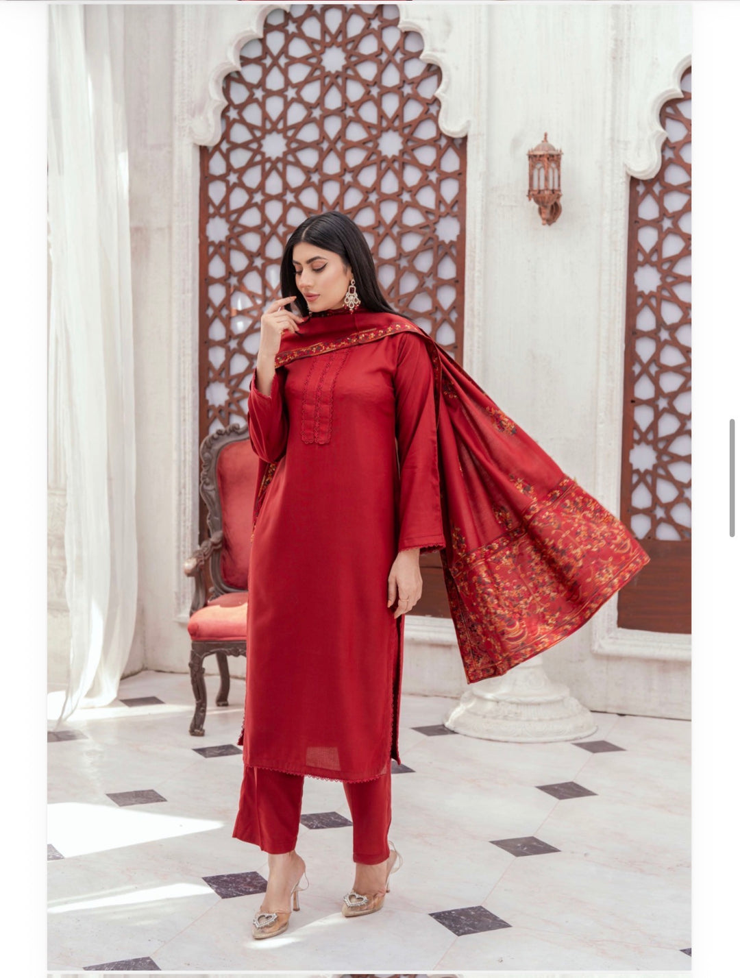 3 Pc Ready To Wear Dhanak  Suit With Full Embroidered Shawl - TT-42-