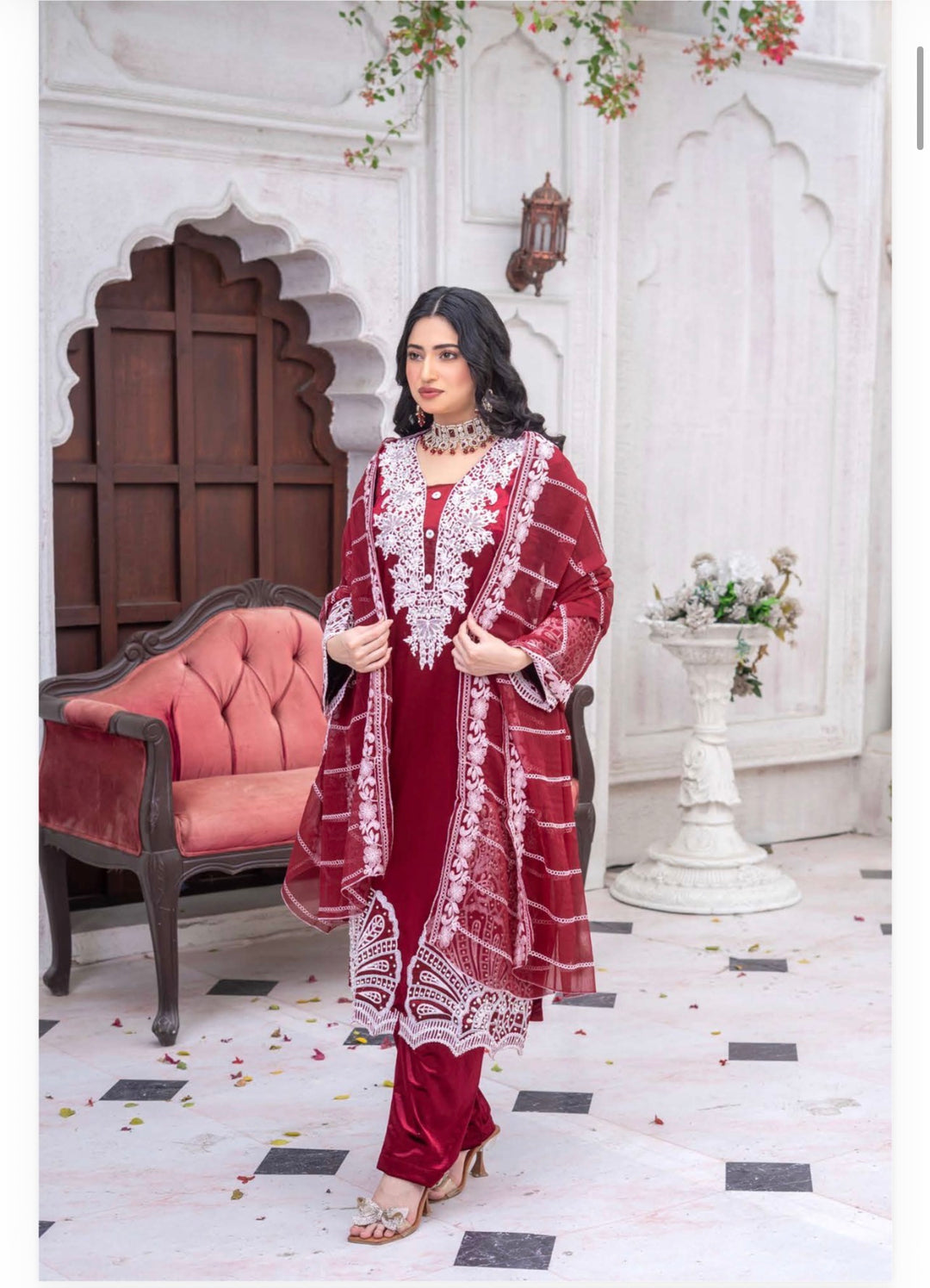 3 Pc Ready To Wear Fully Embroidered Valvet   Suit With Chiffon Duppata  - TT-01-