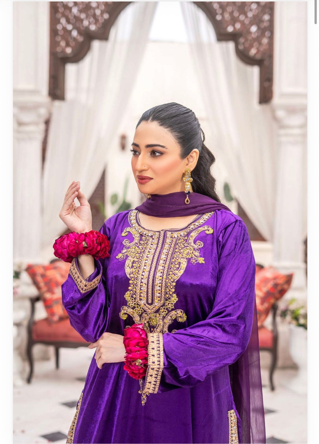 3 Pc Ready To Wear Fully Embroidered  Valvet Suit With Chiffon Dupatta - TT-51-