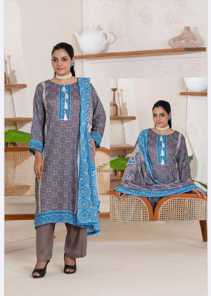 3 Piece Ready To Wear - Printed Linen Suit-- TT-102